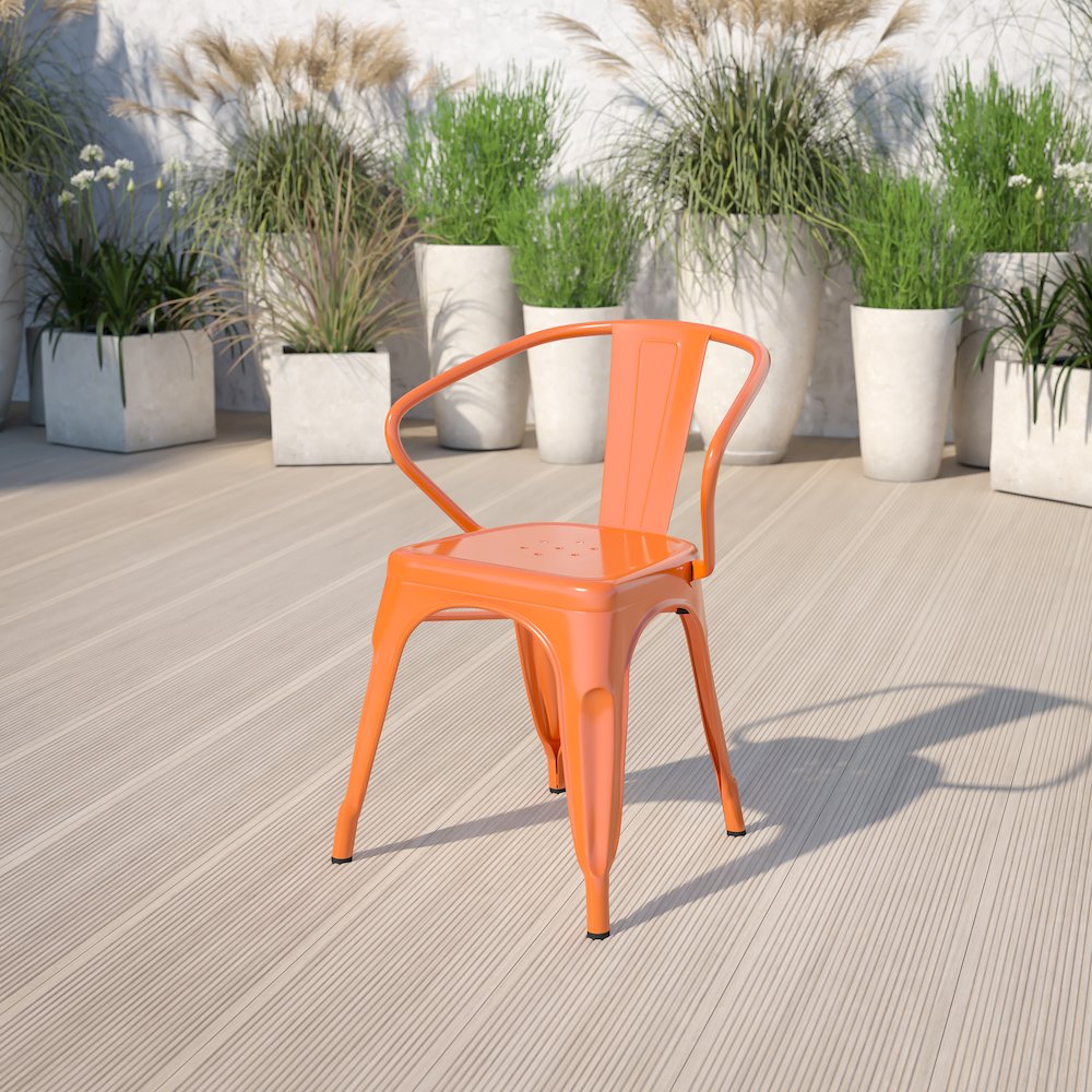 Commercial Grade Orange Metal Indoor-Outdoor Chair with Arms. Picture 6