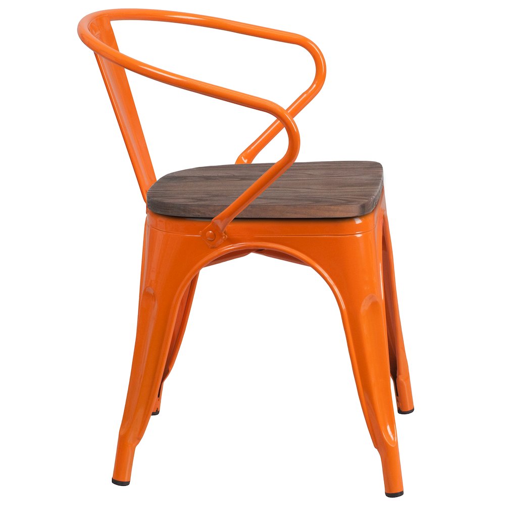 Orange Metal Chair with Wood Seat and Arms. Picture 5