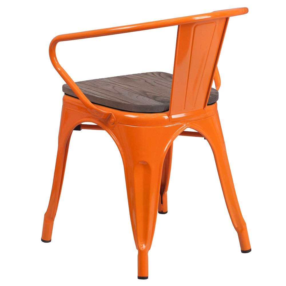 Orange Metal Chair with Wood Seat and Arms. Picture 4