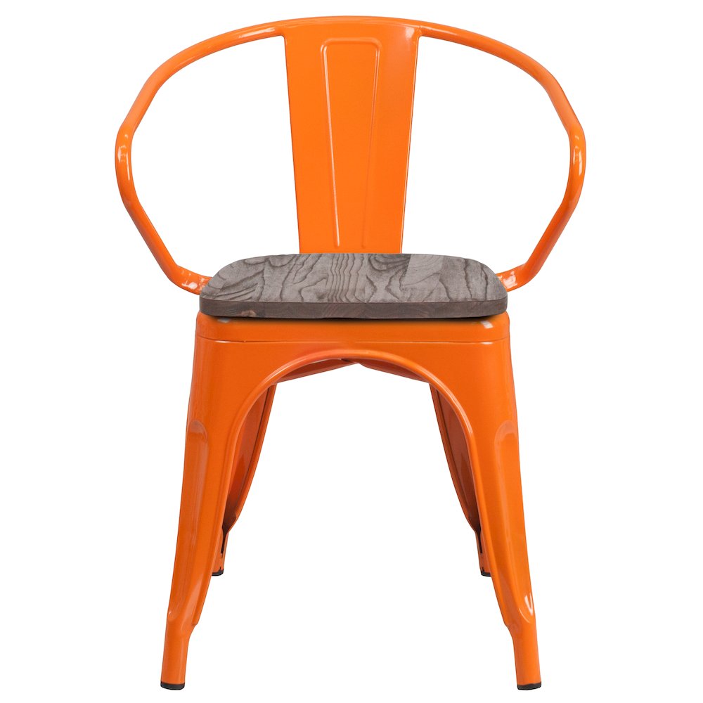Orange Metal Chair with Wood Seat and Arms. Picture 6