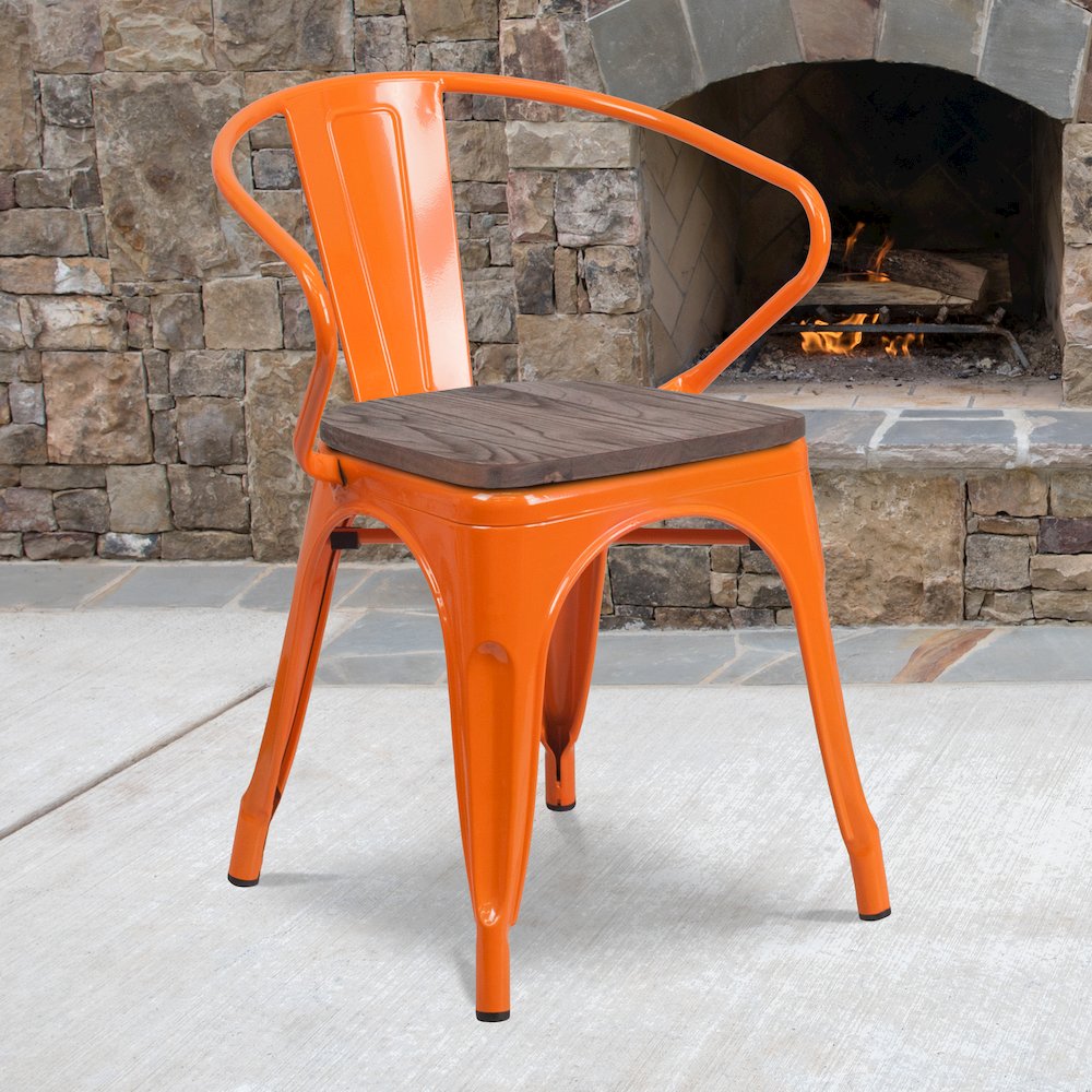 Orange Metal Chair with Wood Seat and Arms. Picture 2