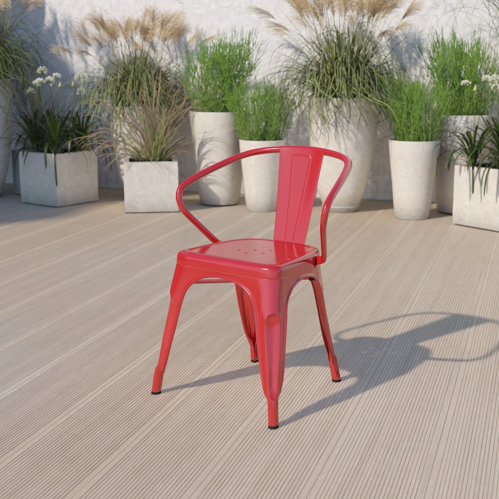 Commercial Grade Red Metal Indoor-Outdoor Chair with Arms. Picture 2