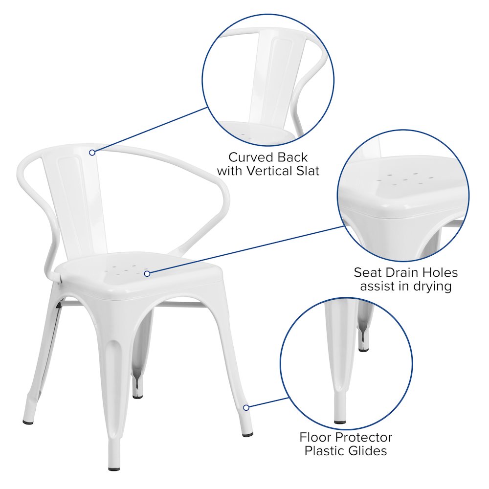 Commercial Grade White Metal Indoor-Outdoor Chair with Arms. Picture 5