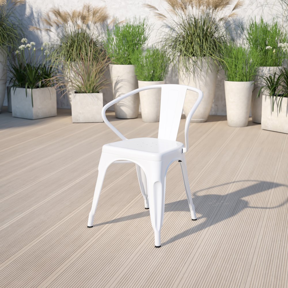 Commercial Grade White Metal Indoor-Outdoor Chair with Arms. Picture 2