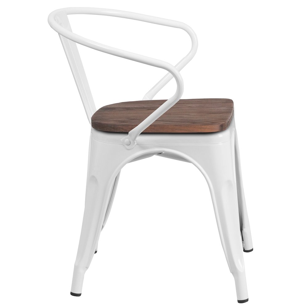 White Metal Chair with Wood Seat and Arms. Picture 9