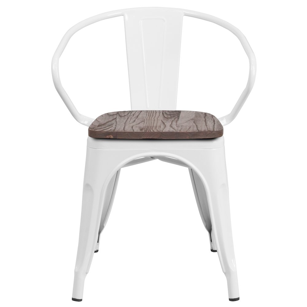 White Metal Chair with Wood Seat and Arms. Picture 10