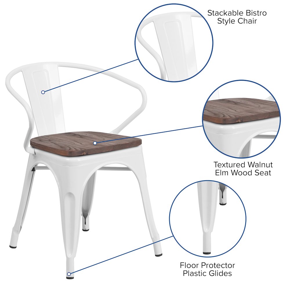 White Metal Chair with Wood Seat and Arms. Picture 5