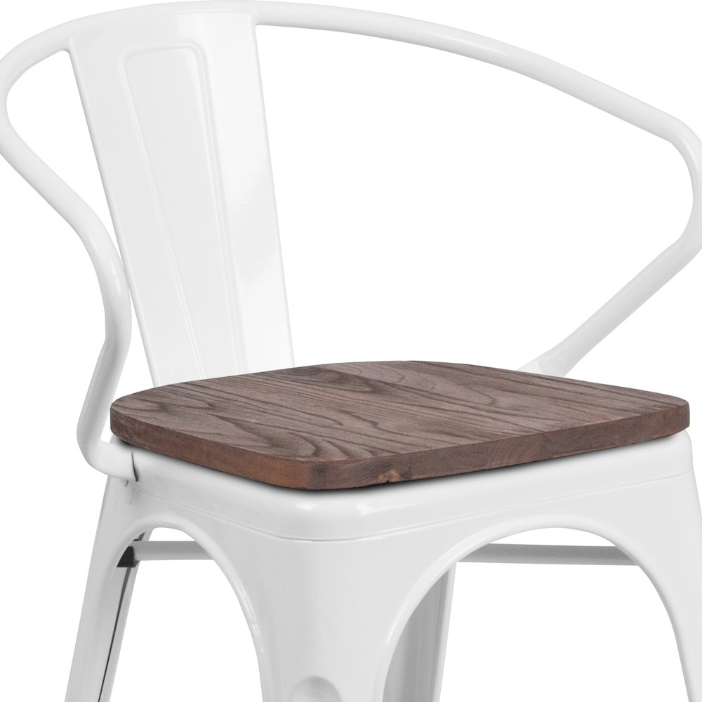 White Metal Chair with Wood Seat and Arms. Picture 8