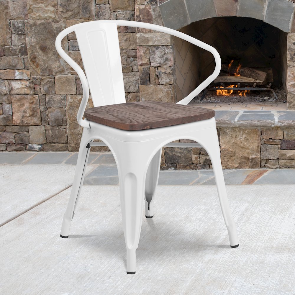 White Metal Chair with Wood Seat and Arms. Picture 2