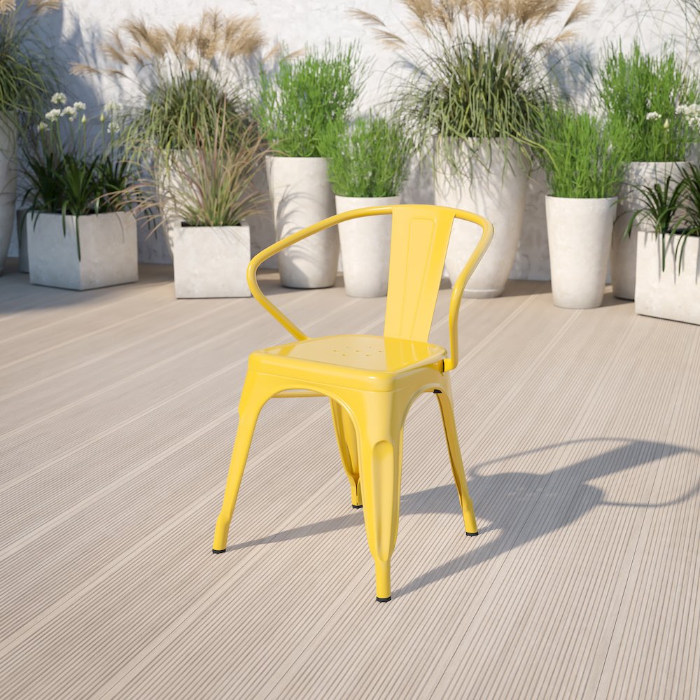 Commercial Grade Yellow Metal Indoor-Outdoor Chair with Arms. Picture 6
