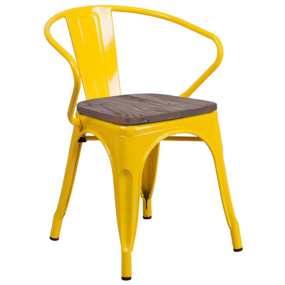 Yellow Metal Chair with Wood Seat and Arms. Picture 1