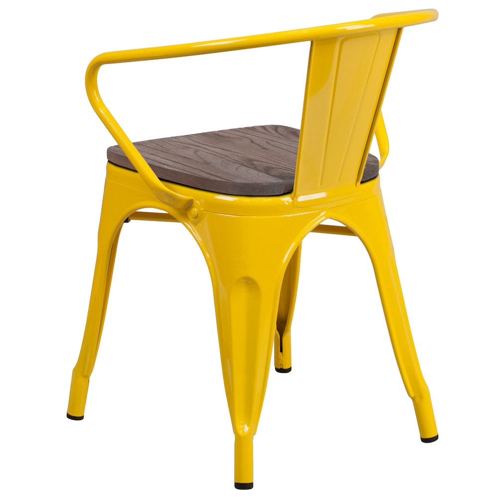 Yellow Metal Chair with Wood Seat and Arms. Picture 4