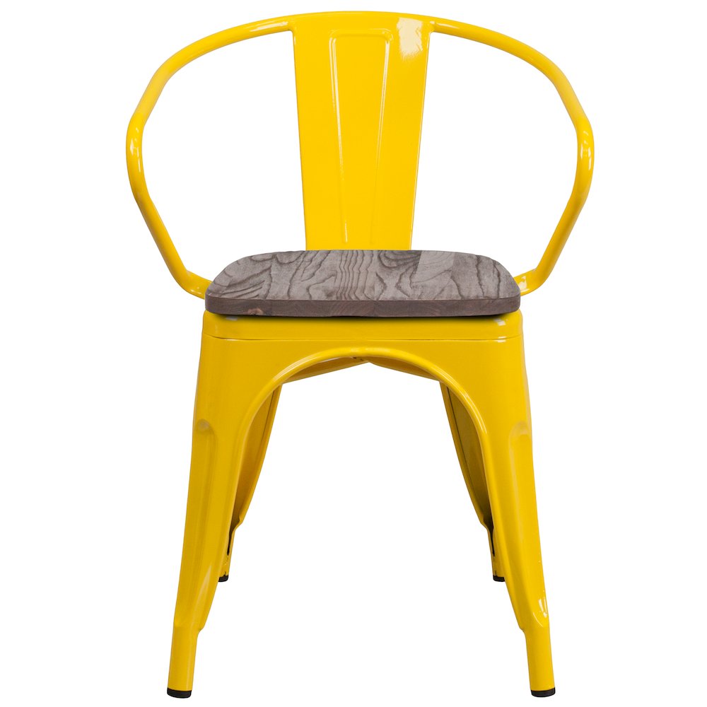 Yellow Metal Chair with Wood Seat and Arms. Picture 6
