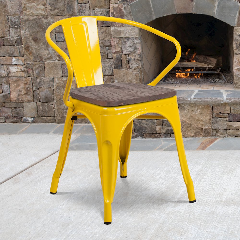 Yellow Metal Chair with Wood Seat and Arms. Picture 2