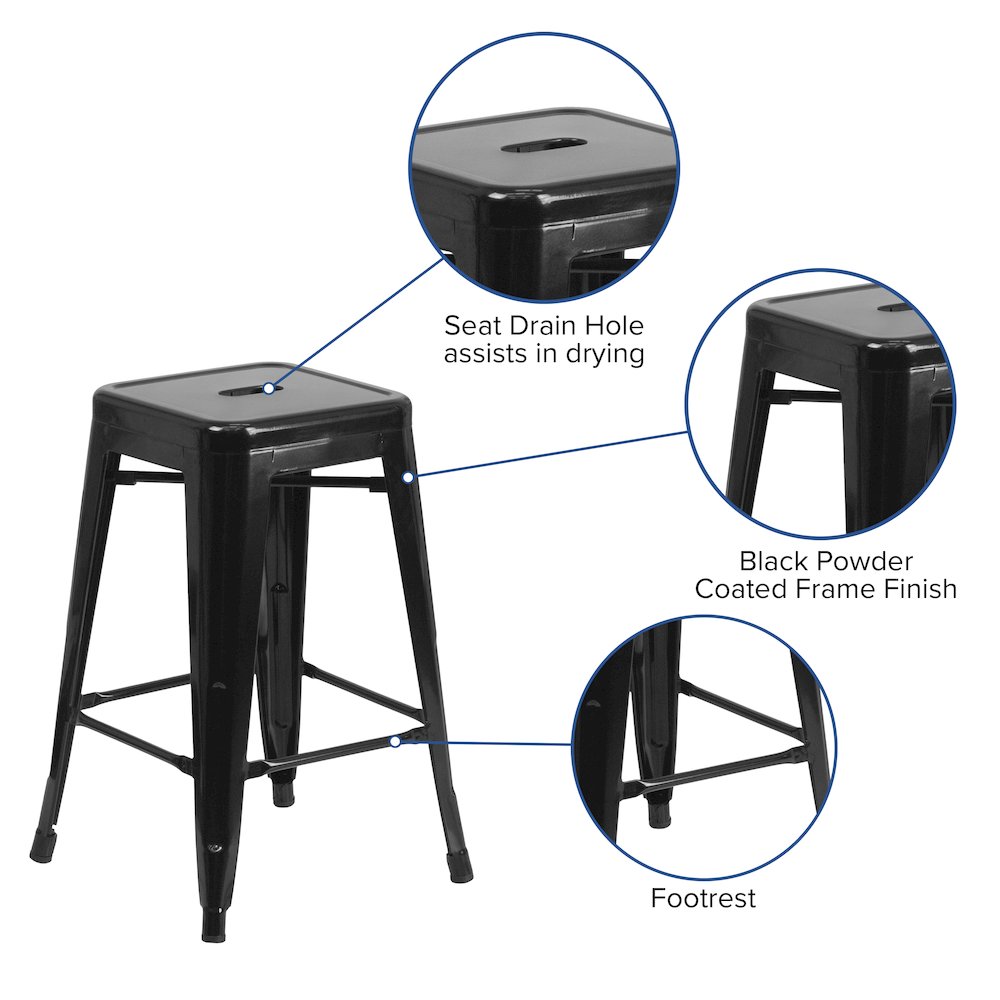 24" High Backless Black Metal Indoor-Outdoor Counter Height Stool with Seat. Picture 5