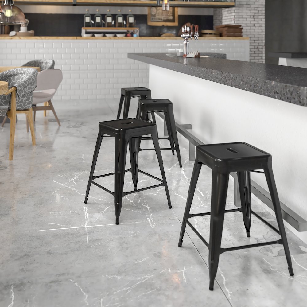 24" High Backless Black Metal Indoor-Outdoor Counter Height Stool with Seat. Picture 2