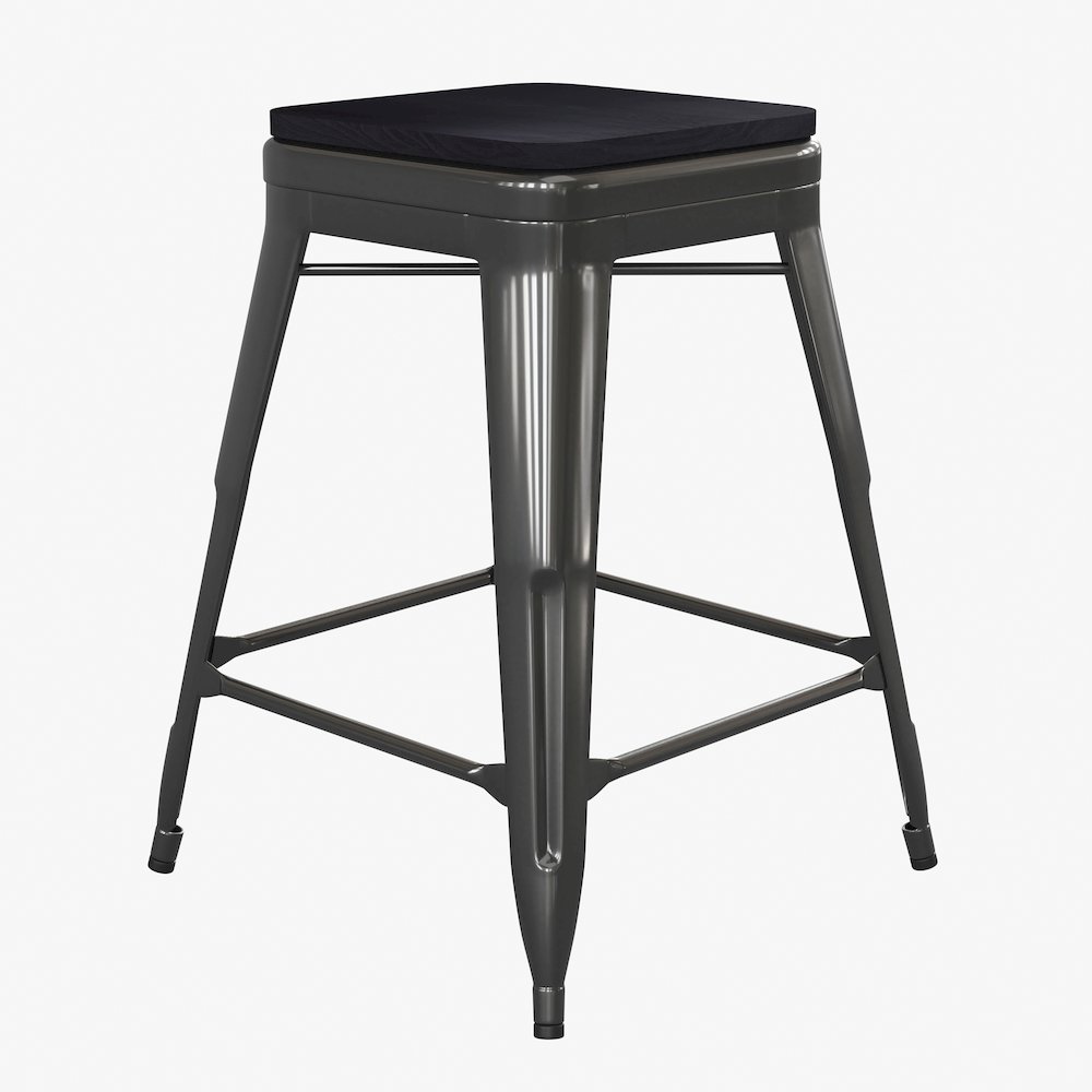24" High Black Metal Indoor-Counter Height Stool with Black Poly Resin Wood Seat. Picture 1