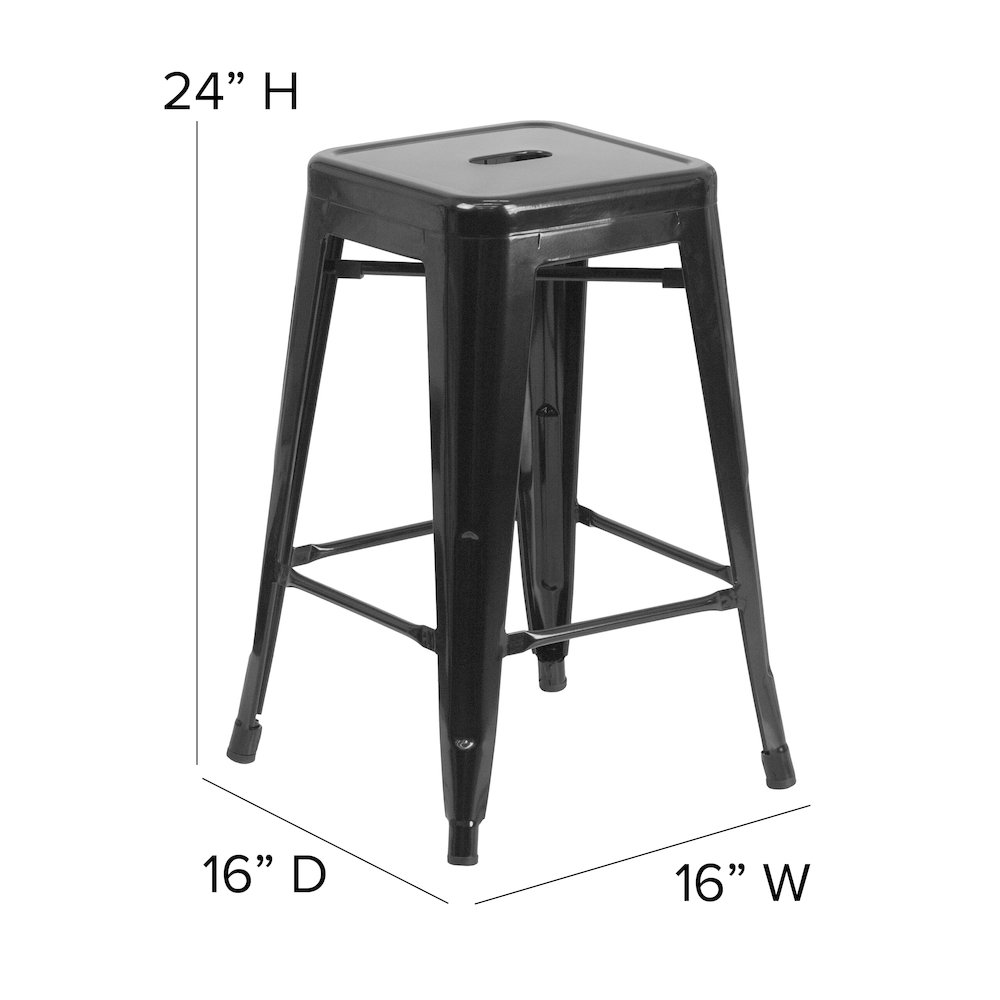 24" High Black Metal Indoor-Counter Height Stool with Black Poly Resin Wood Seat. Picture 5