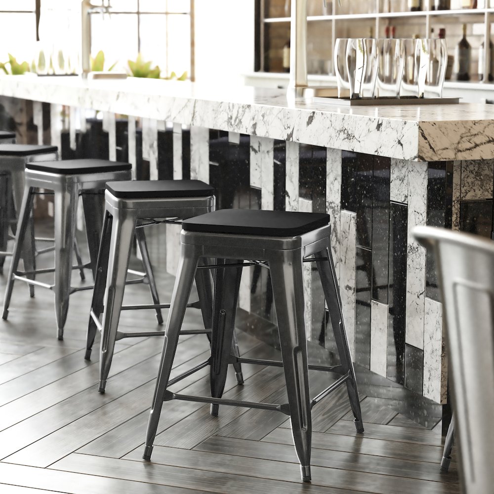 24" High Black Metal Indoor-Counter Height Stool with Black Poly Resin Wood Seat. Picture 2