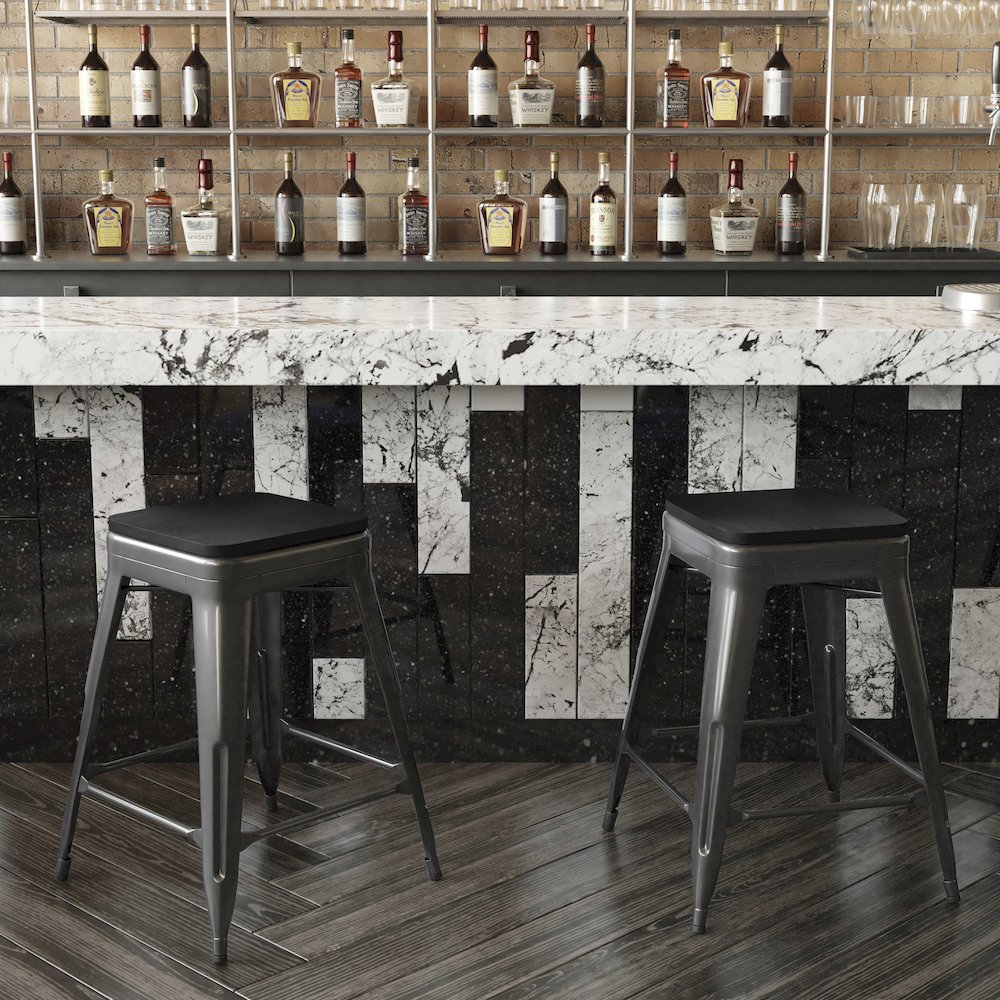 24" High Black Metal Indoor-Counter Height Stool with Black Poly Resin Wood Seat. Picture 7