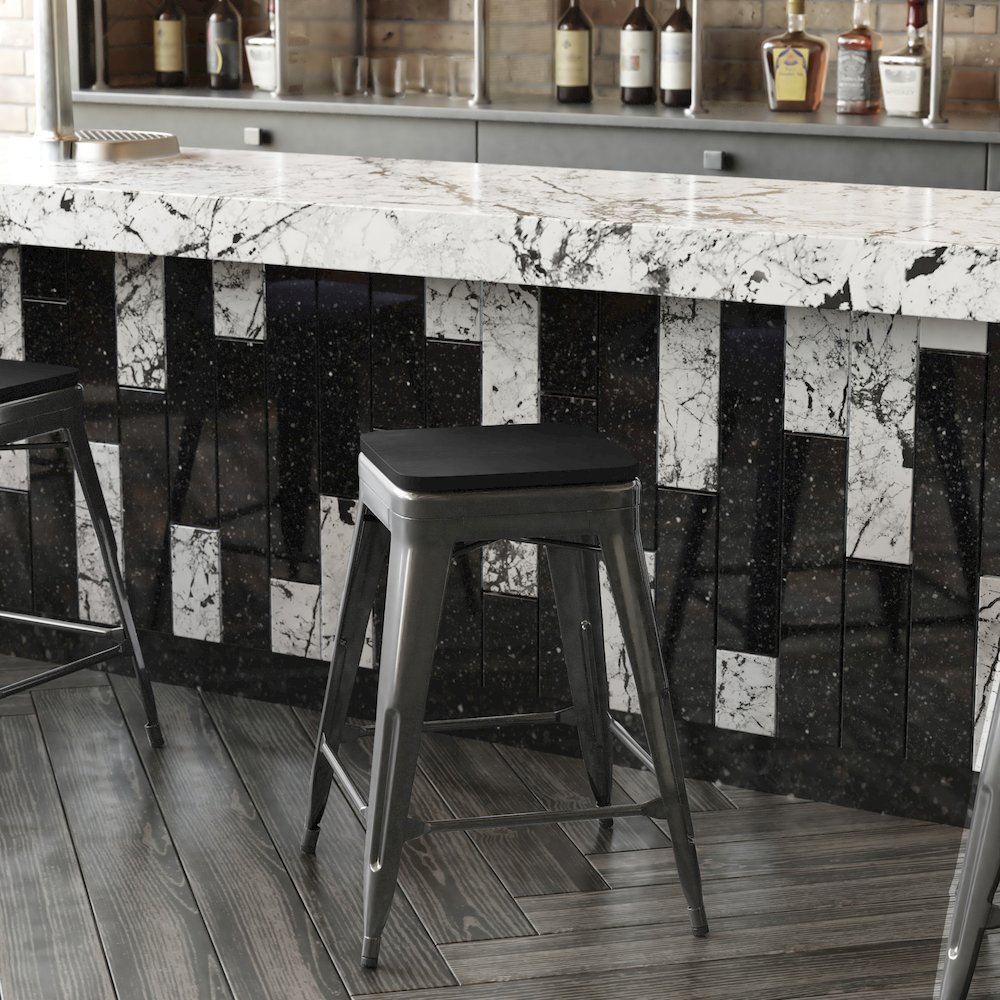 24" High Black Metal Indoor-Counter Height Stool with Black Poly Resin Wood Seat. Picture 8