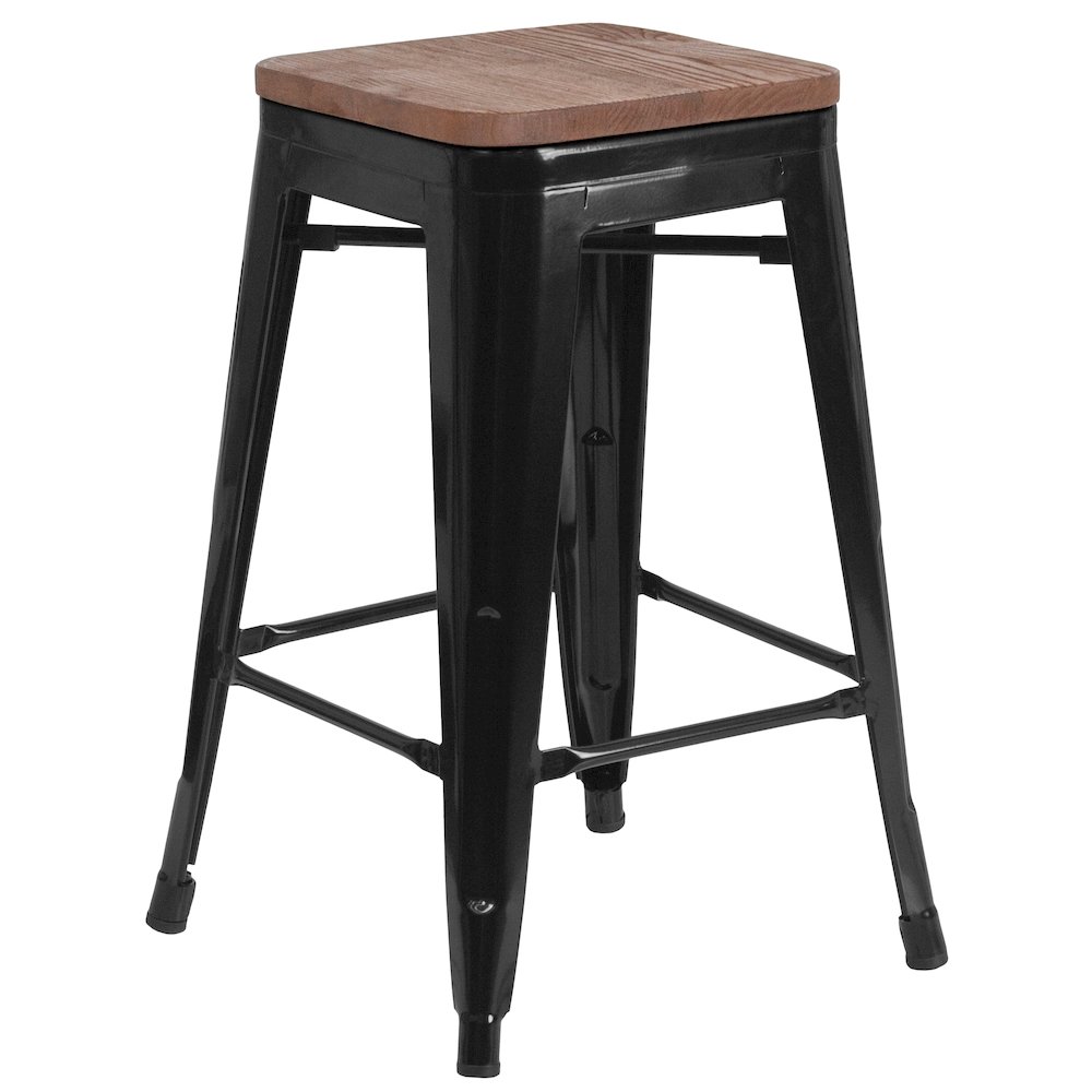 24" High Backless Black Metal Counter Height Stool with Square Wood Seat. Picture 1