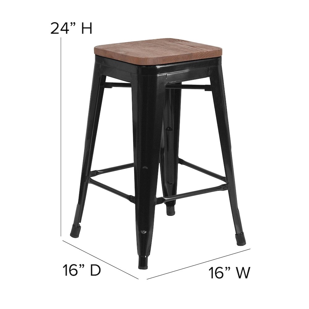 24" High Backless Black Metal Counter Height Stool with Square Wood Seat. Picture 5