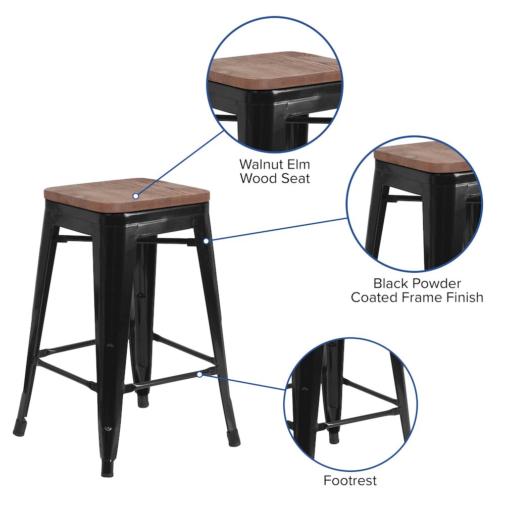 24" High Backless Black Metal Counter Height Stool with Square Wood Seat. Picture 4
