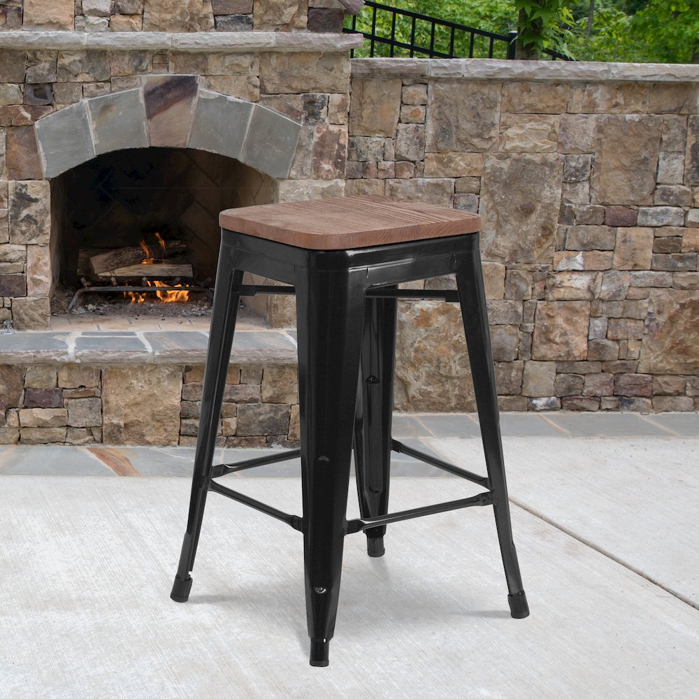 24" High Backless Black Metal Counter Height Stool with Square Wood Seat. Picture 2