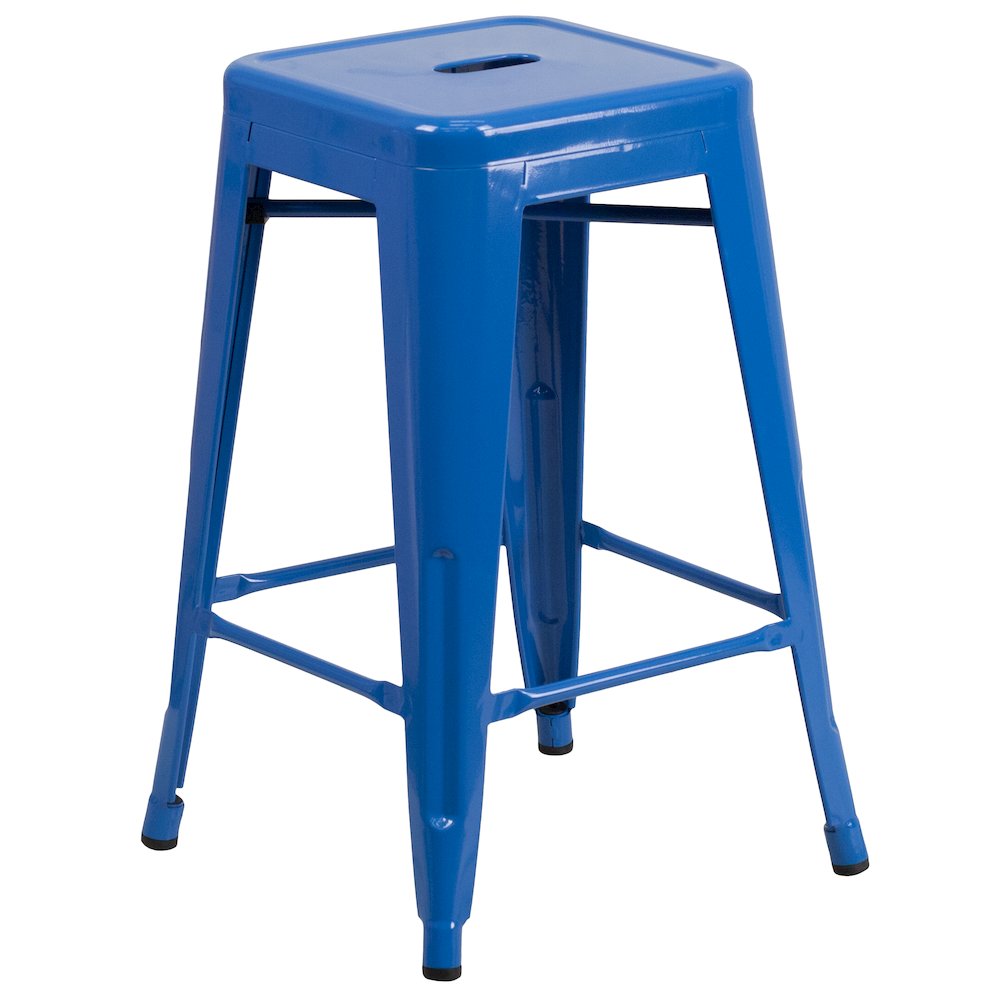 24" High Backless Blue Metal Indoor-Outdoor Counter Height Stool with Seat. Picture 1