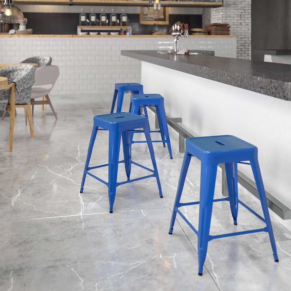 24" High Backless Blue Metal Indoor-Outdoor Counter Height Stool with Seat. Picture 2