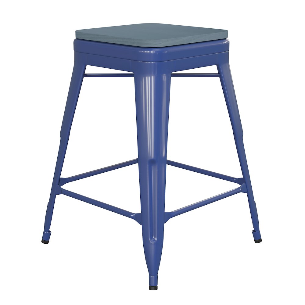 24" High Blue Metal Counter Height Stool with Teal-Blue Poly Resin Wood Seat. Picture 1