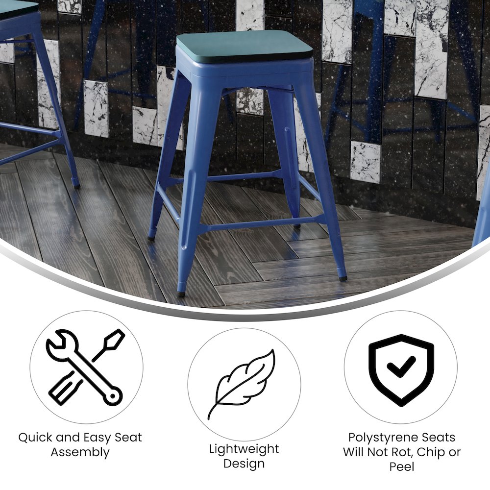 24" High Blue Metal Counter Height Stool with Teal-Blue Poly Resin Wood Seat. Picture 4