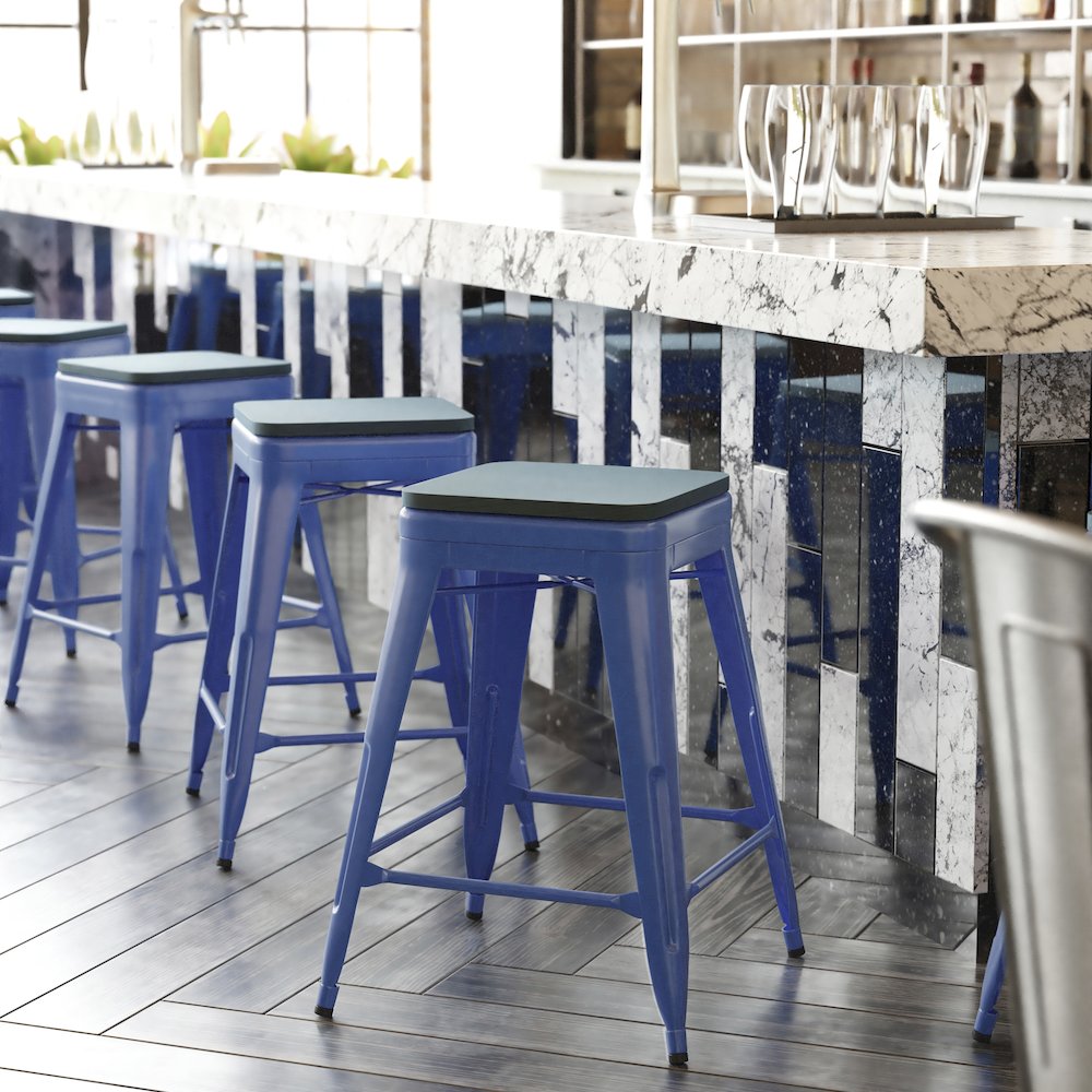 24" High Blue Metal Counter Height Stool with Teal-Blue Poly Resin Wood Seat. Picture 2