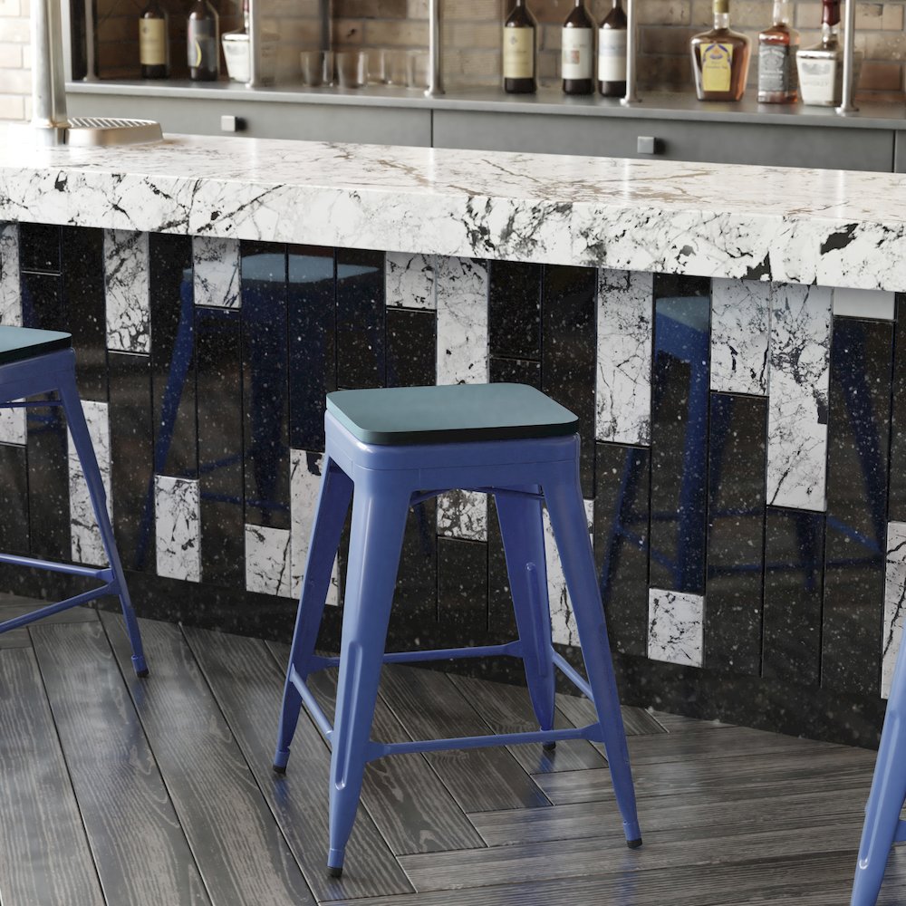 24" High Blue Metal Counter Height Stool with Teal-Blue Poly Resin Wood Seat. Picture 8