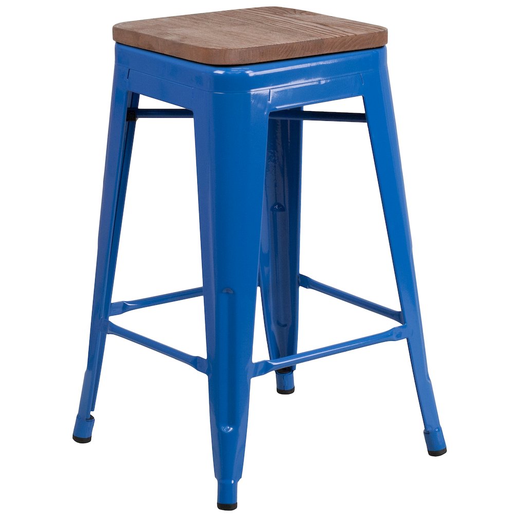24" High Backless Blue Metal Counter Height Stool with Square Wood Seat. Picture 1