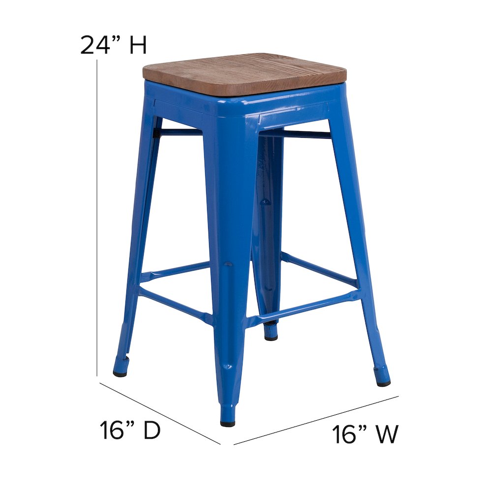 24" High Backless Blue Metal Counter Height Stool with Square Wood Seat. Picture 5