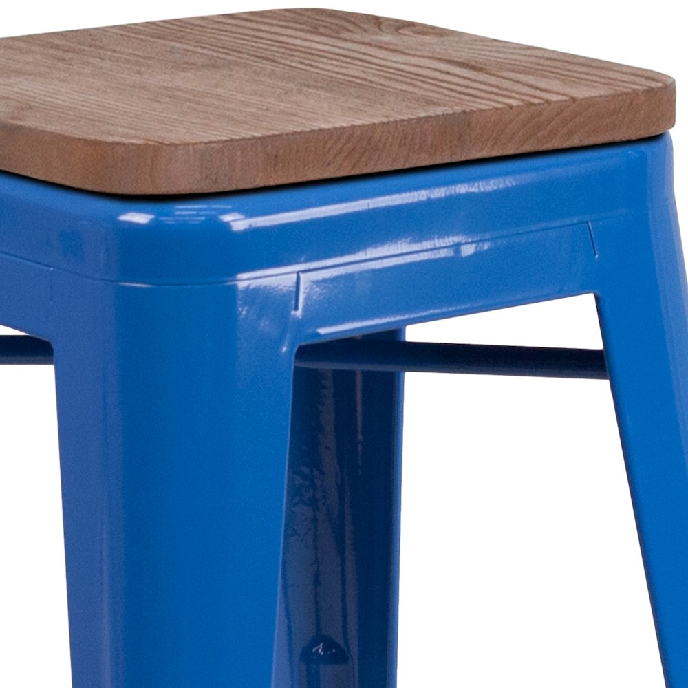24" High Backless Blue Metal Counter Height Stool with Square Wood Seat. Picture 9