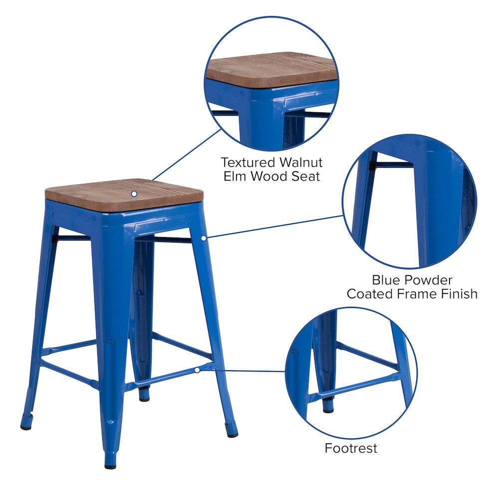 24" High Backless Blue Metal Counter Height Stool with Square Wood Seat. Picture 4