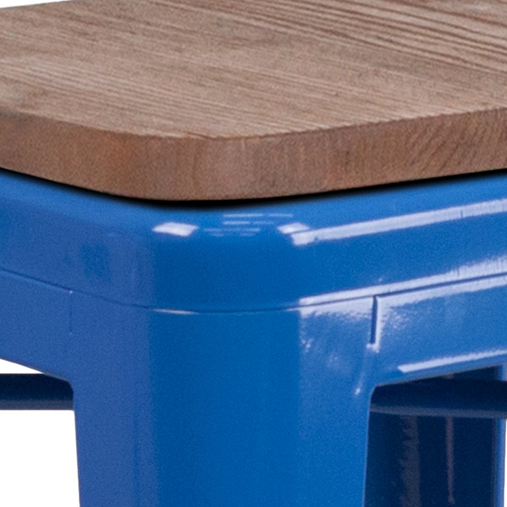 24" High Backless Blue Metal Counter Height Stool with Square Wood Seat. Picture 7