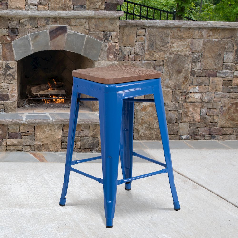 24" High Backless Blue Metal Counter Height Stool with Square Wood Seat. Picture 2