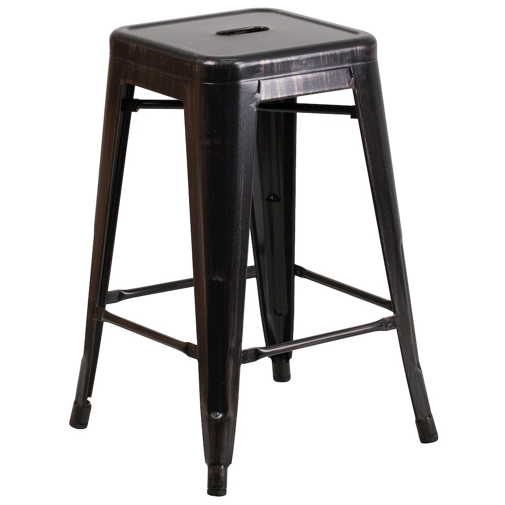 24" High Black-Antique Gold Metal Indoor-Outdoor Counter Height Stool with Seat. Picture 1