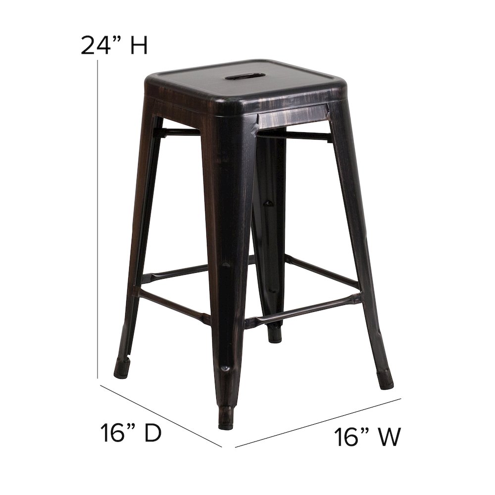 24" High Black-Antique Gold Metal Indoor-Outdoor Counter Height Stool with Seat. Picture 6