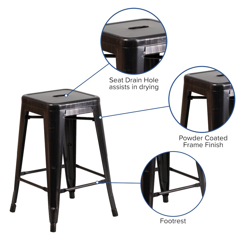 24" High Black-Antique Gold Metal Indoor-Outdoor Counter Height Stool with Seat. Picture 5