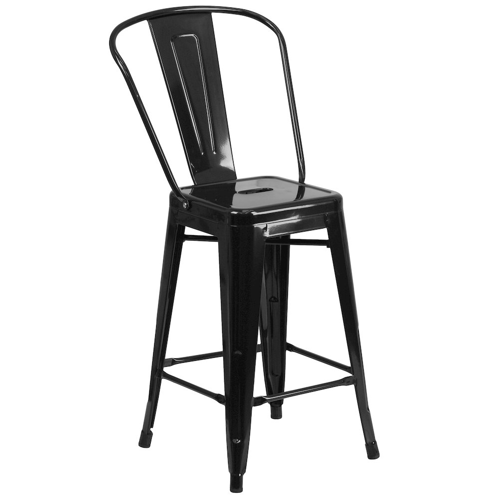24" High Black Metal Indoor-Outdoor Counter Height Stool with Removable Back. Picture 1