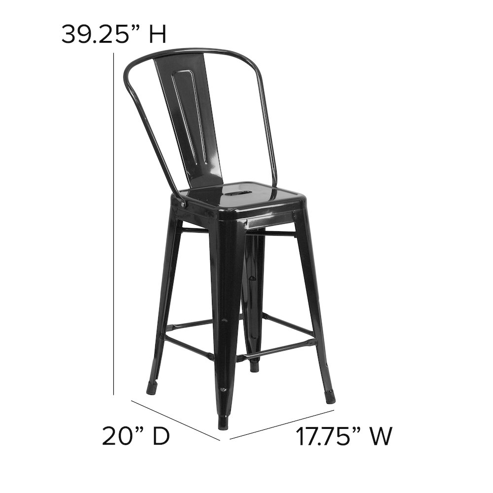 24" High Black Metal Indoor-Outdoor Counter Height Stool with Removable Back. Picture 6
