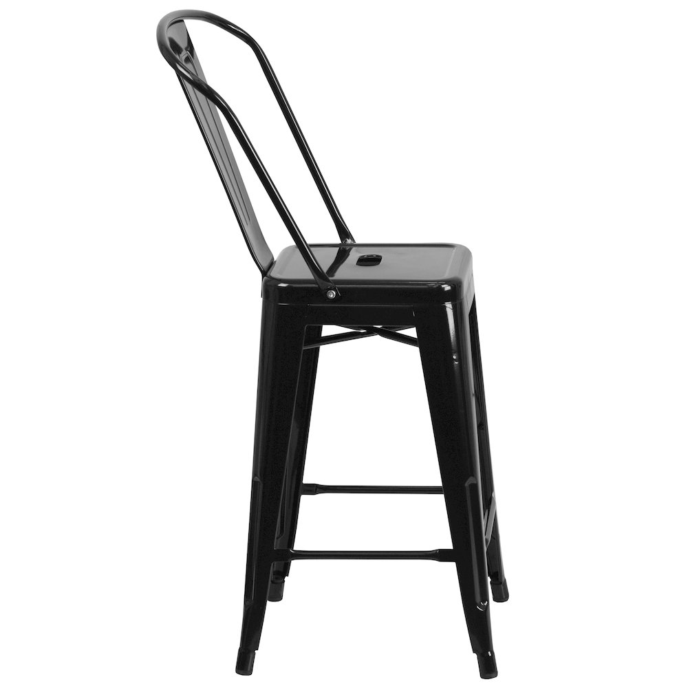 24" High Black Metal Indoor-Outdoor Counter Height Stool with Removable Back. Picture 9