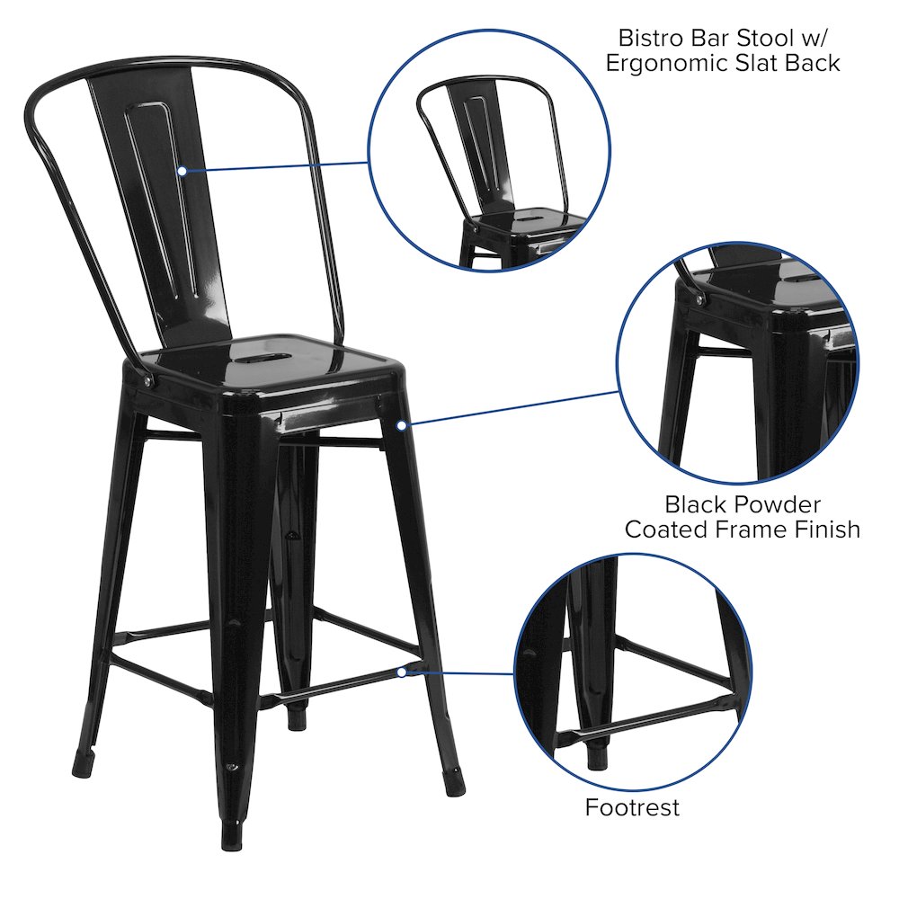 24" High Black Metal Indoor-Outdoor Counter Height Stool with Removable Back. Picture 5