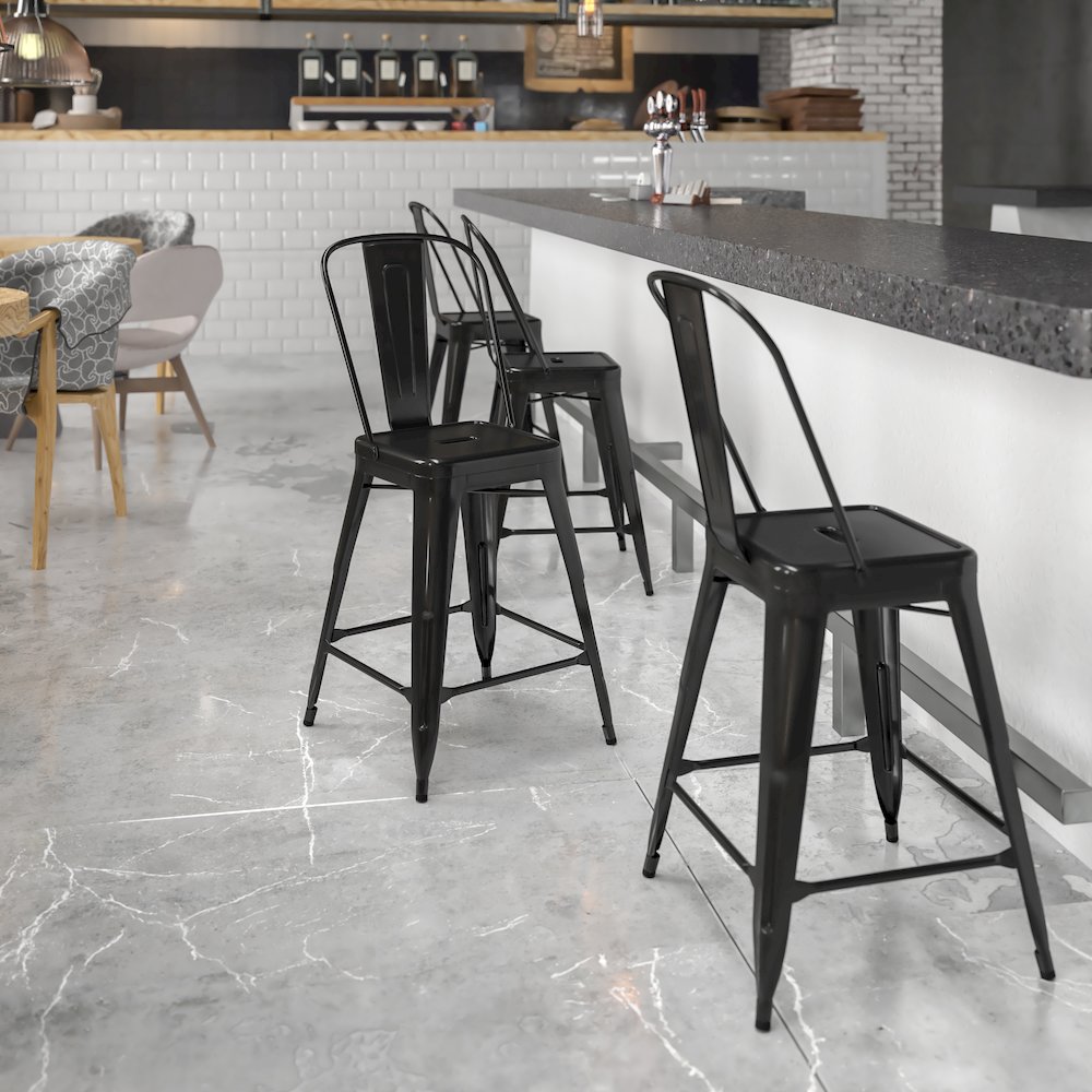 24" High Black Metal Indoor-Outdoor Counter Height Stool with Removable Back. Picture 2