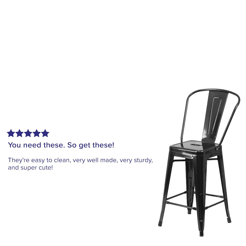 24" High Black Metal Indoor-Outdoor Counter Height Stool with Removable Back. Picture 4